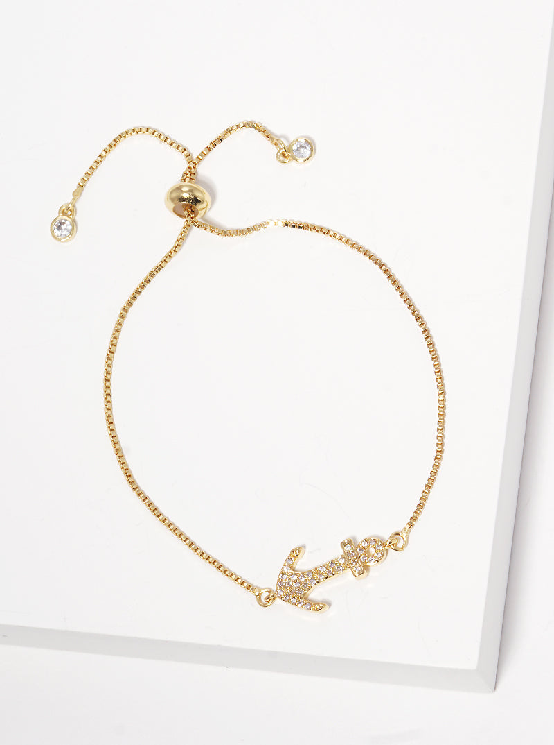 CZ Pave Sideways Anchor Nautical Themed Pull-Tie Bracelet