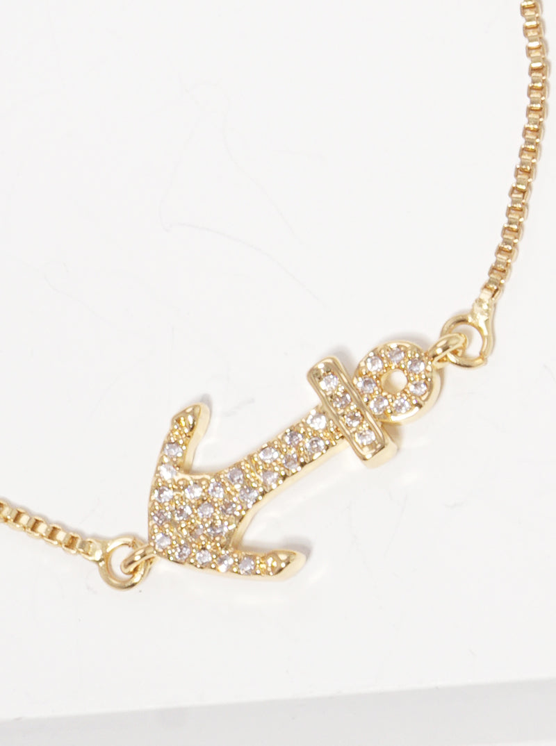 CZ Pave Sideways Anchor Nautical Themed Pull-Tie Bracelet