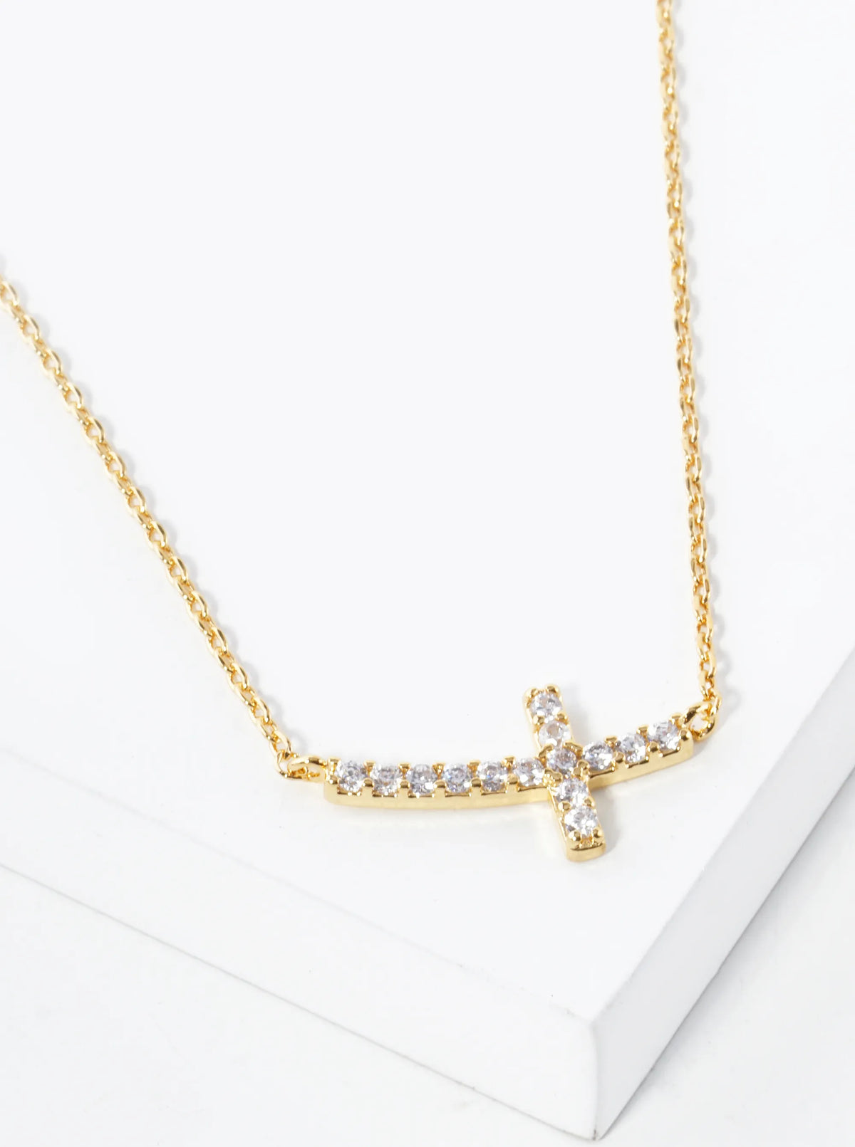 CZ Pave Sideways Cross Pendant 18K-Gold-Dipped Necklace
