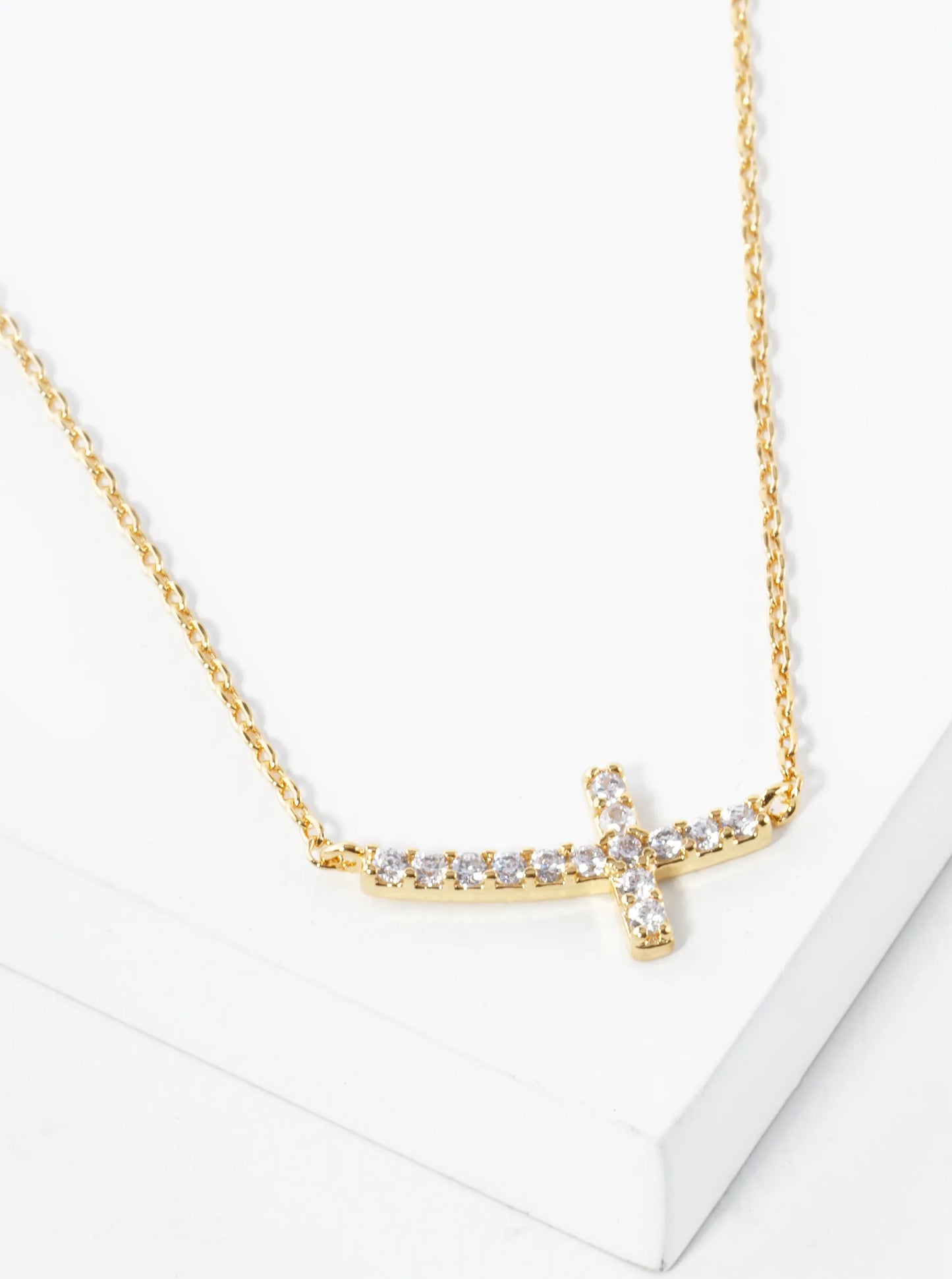 CZ Pave Sideways Cross Pendant 18K-Gold-Dipped Necklace