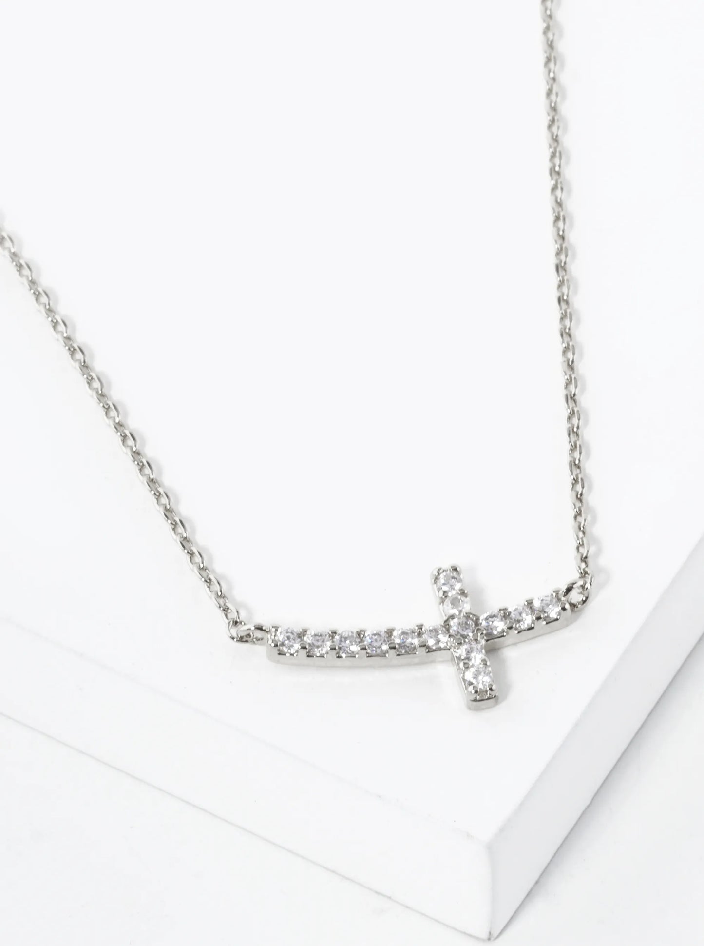 CZ Pave Sideways Cross Pendant 18K-Gold-Dipped Necklace