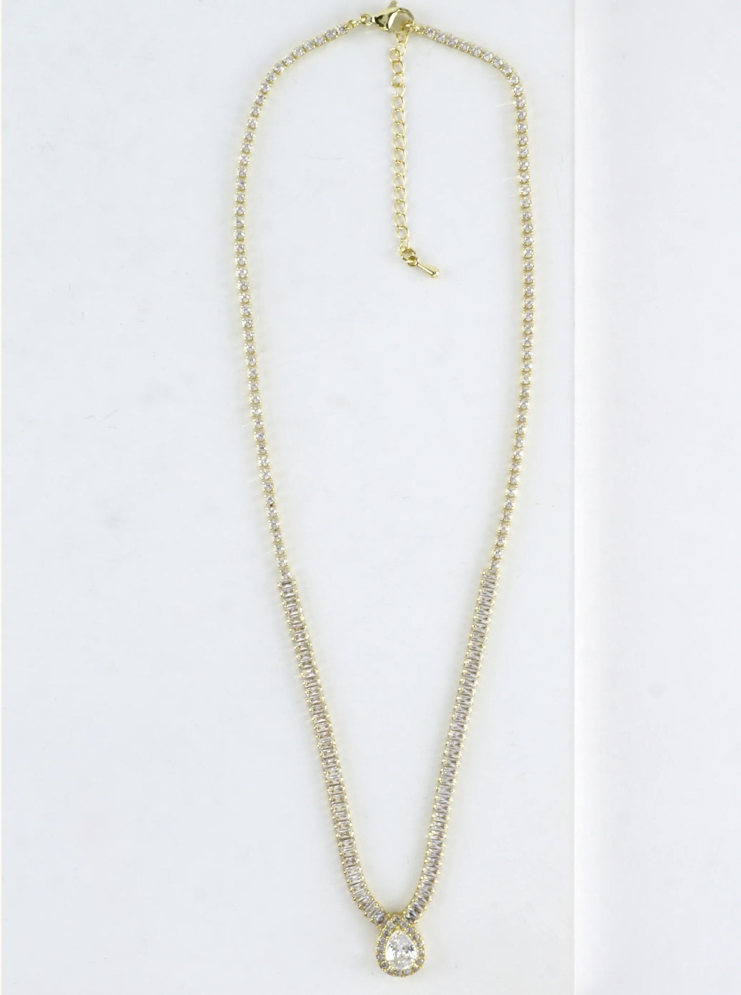 CZ Pear-Cut Halo Baguette Tennis Necklace