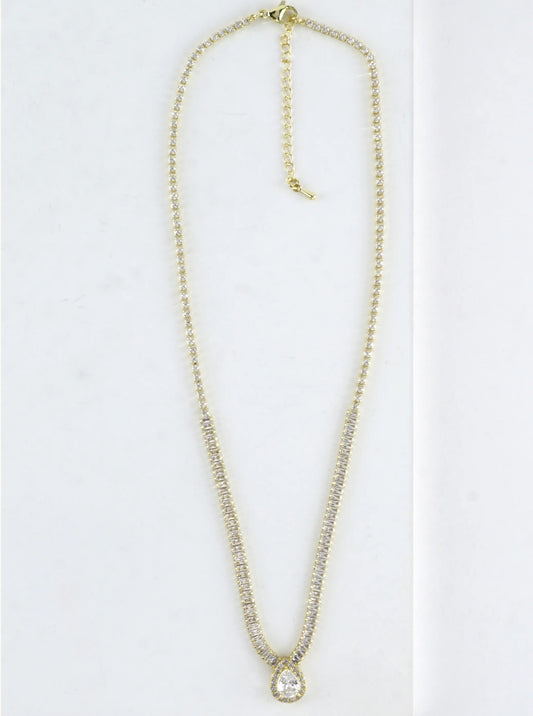 CZ Pear-Cut Halo Baguette Tennis Necklace
