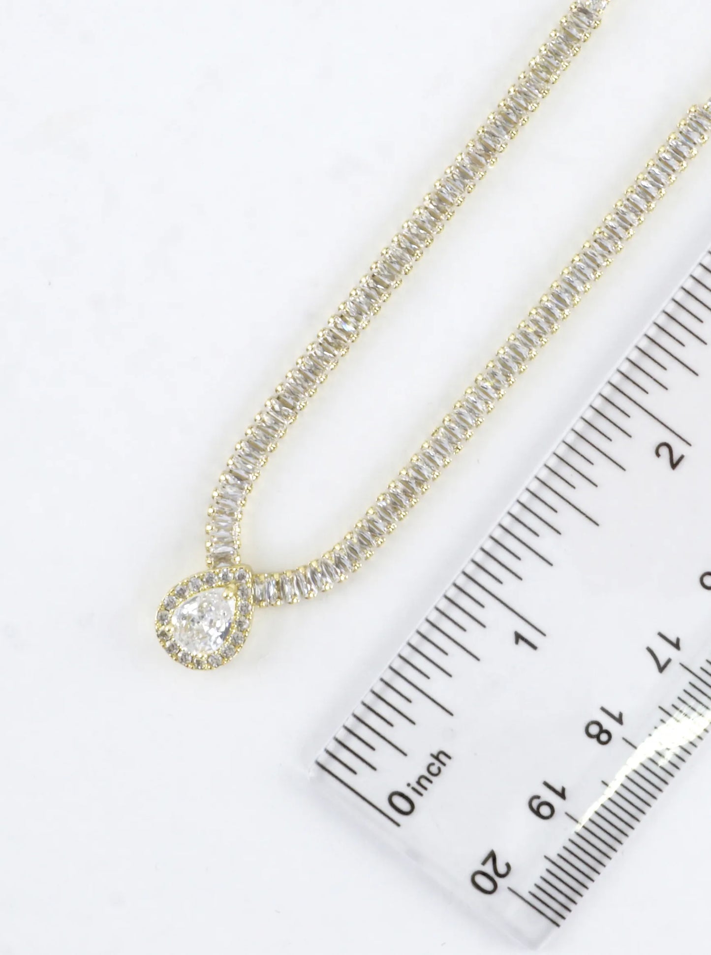 CZ Pear-Cut Halo Baguette Tennis Necklace