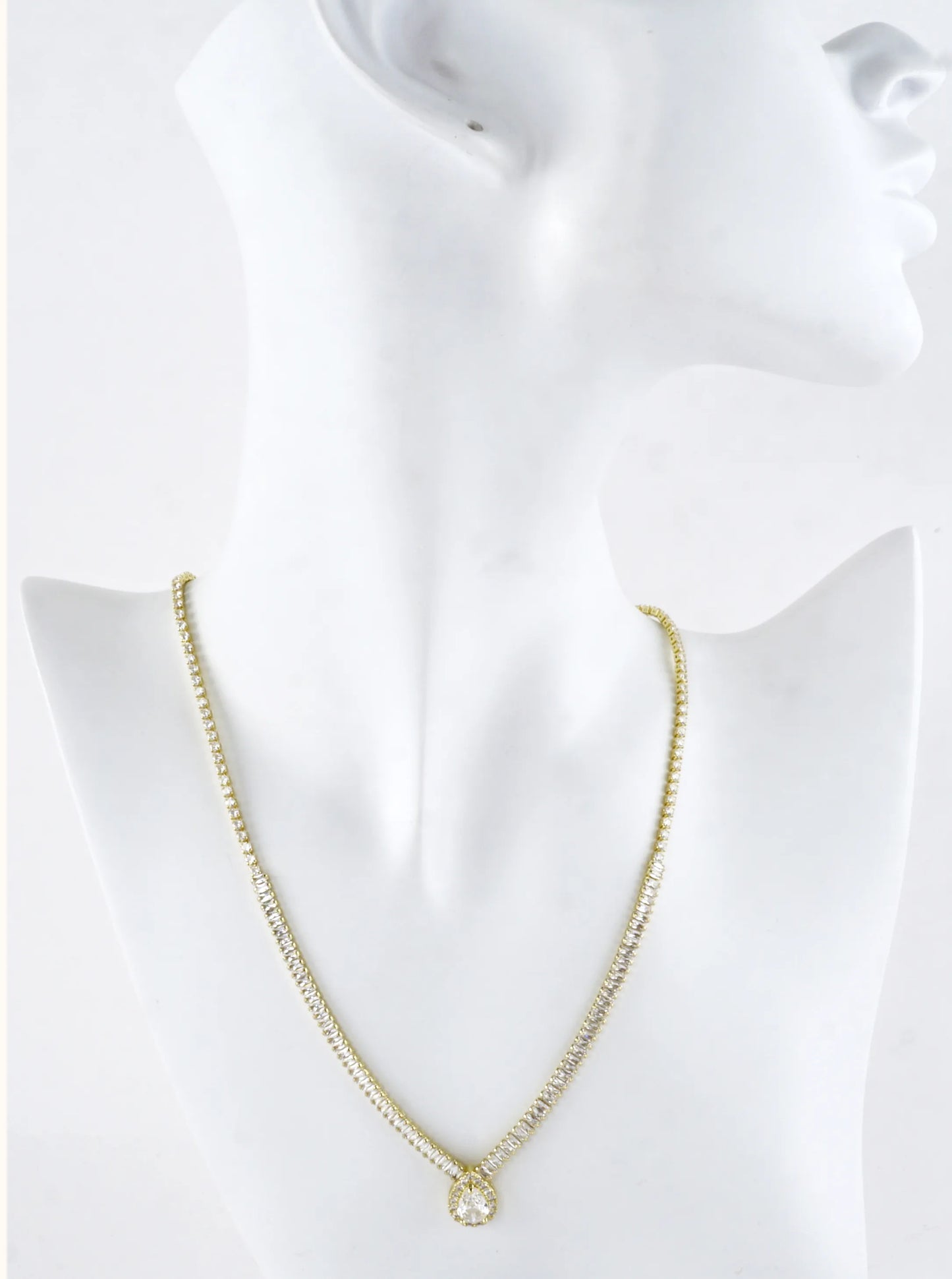 CZ Pear-Cut Halo Baguette Tennis Necklace