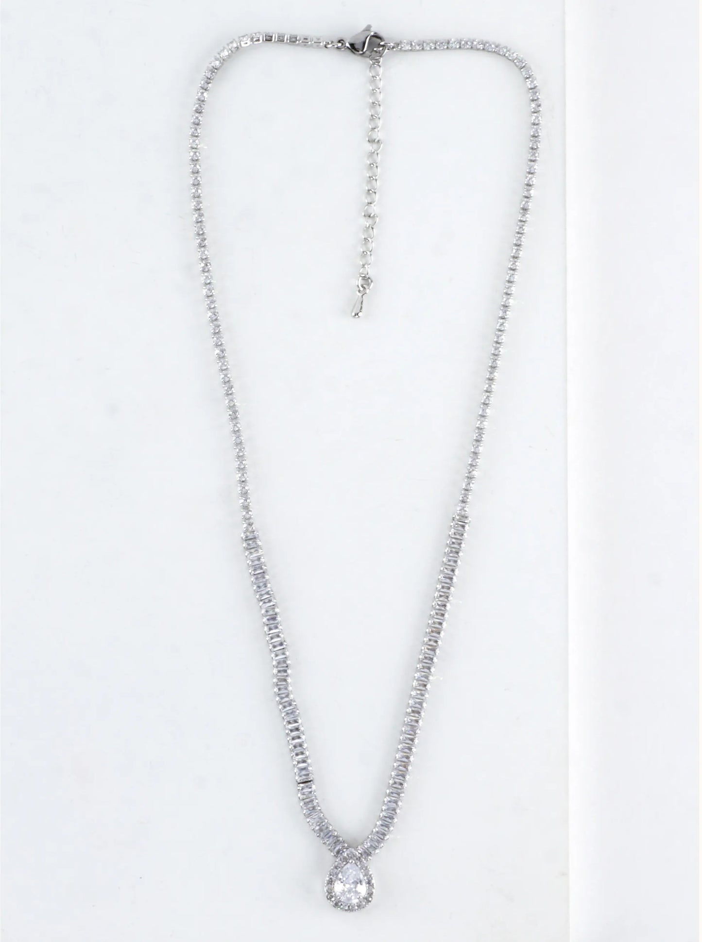 CZ Pear-Cut Halo Baguette Tennis Necklace