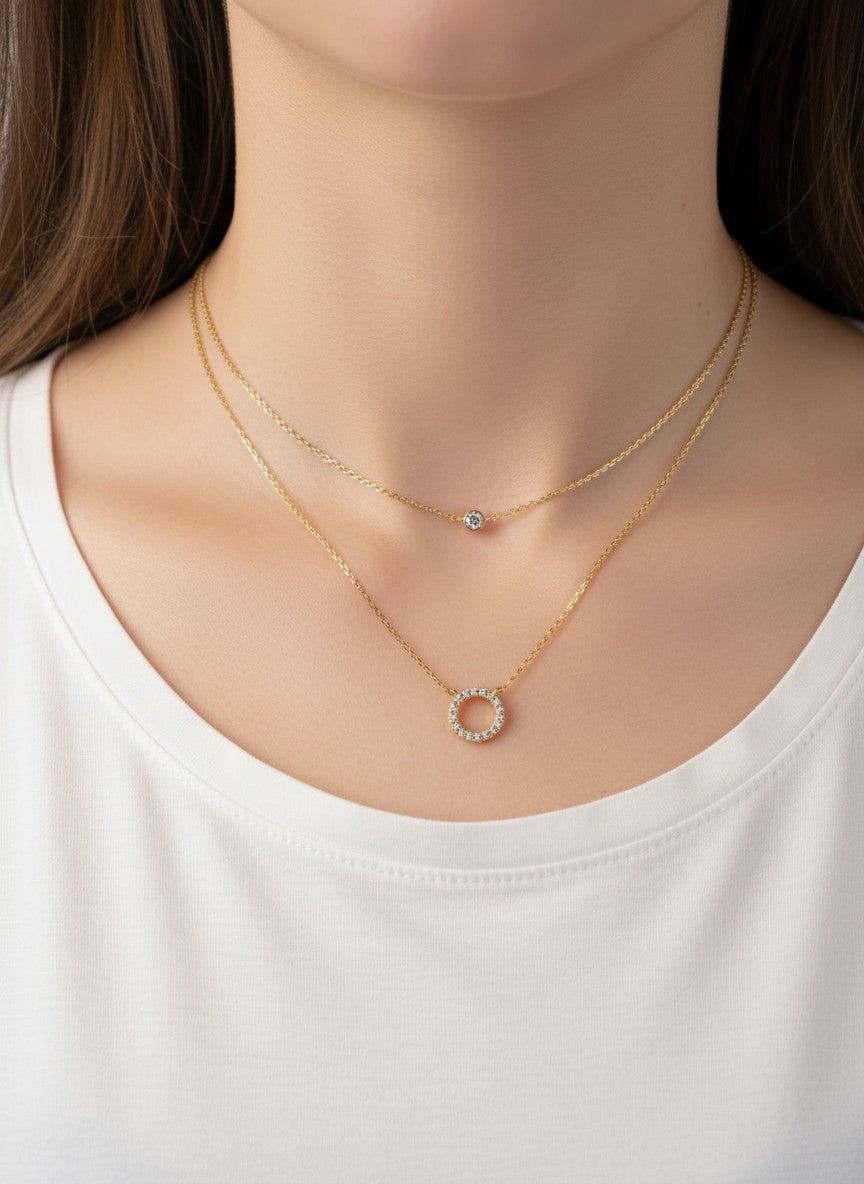 CZ Round Pendant 18K-Gold-Dipped Layered Necklace