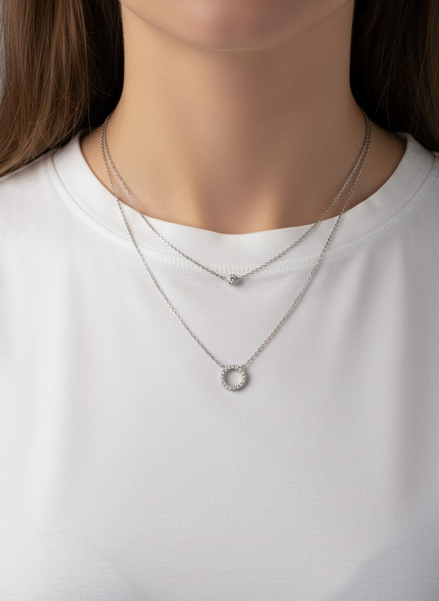 CZ Round Pendant 18K-Gold-Dipped Layered Necklace