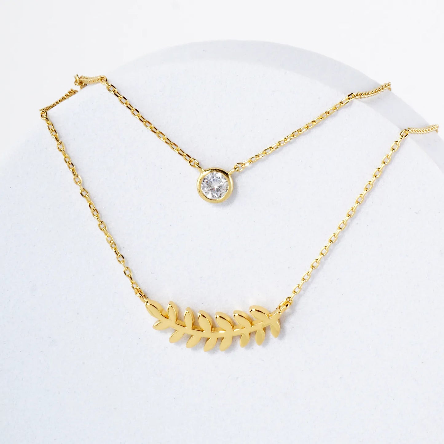 CZ Sideways Leaf Pendant 18K-Gold-Dipped Layered Necklace