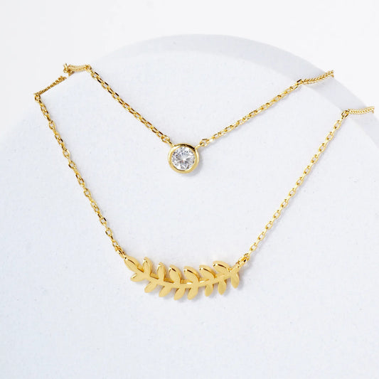 CZ Sideways Leaf Pendant 18K-Gold-Dipped Layered Necklace