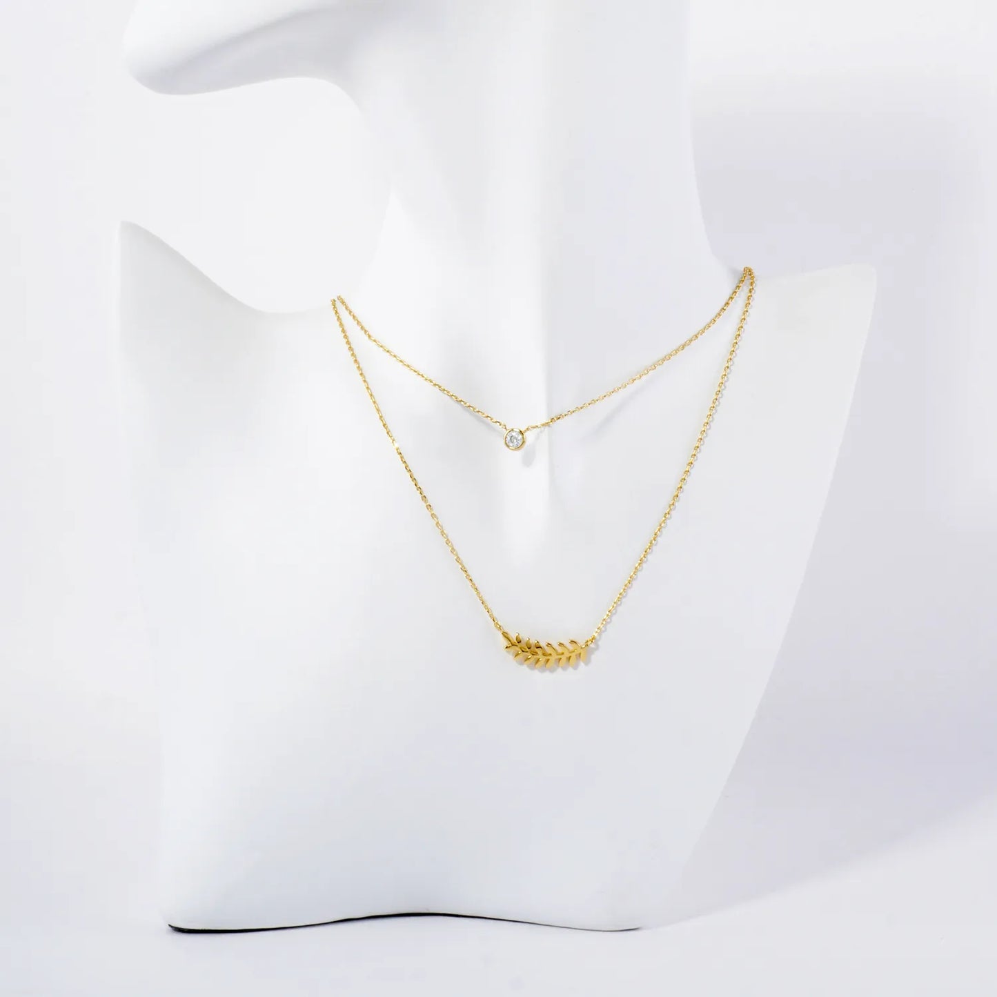 CZ Sideways Leaf Pendant 18K-Gold-Dipped Layered Necklace