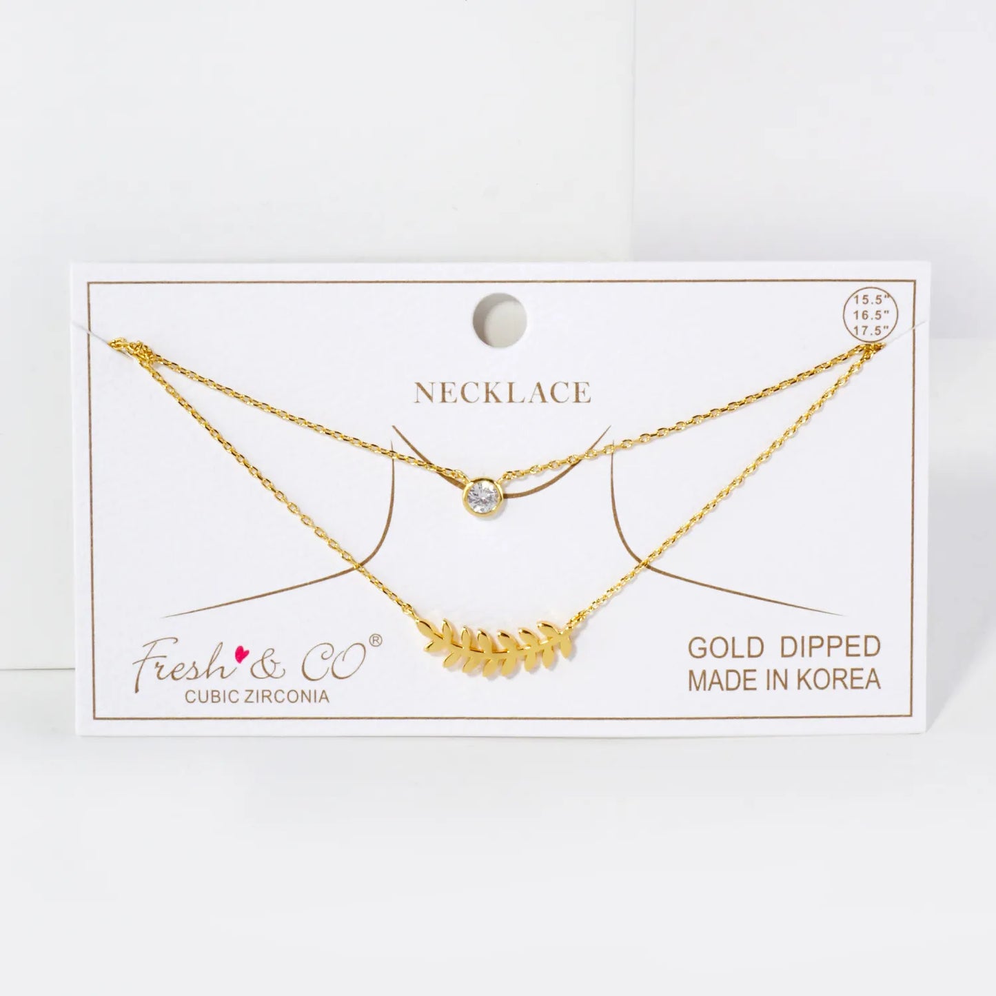 CZ Sideways Leaf Pendant 18K-Gold-Dipped Layered Necklace