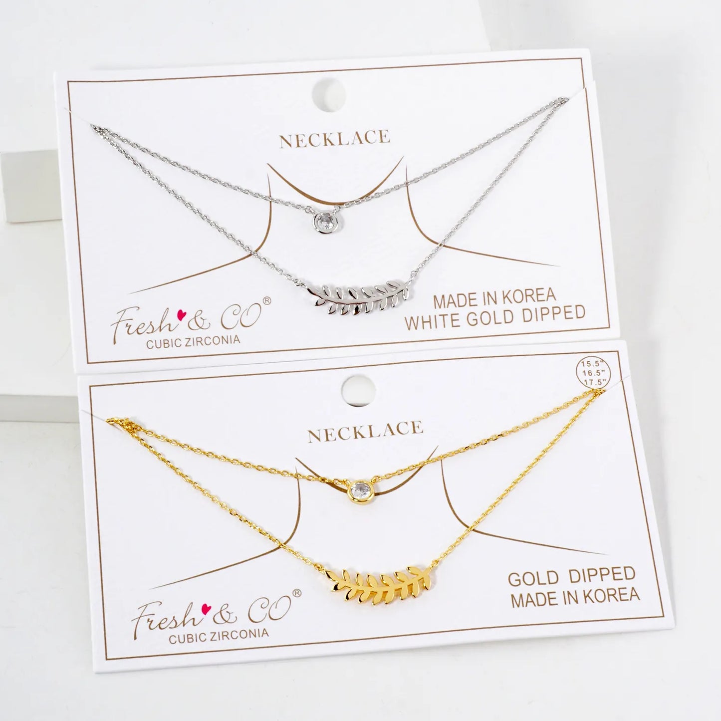 CZ Sideways Leaf Pendant 18K-Gold-Dipped Layered Necklace