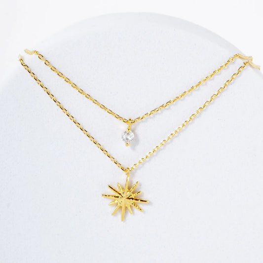 CZ Starburst Pendant 18K-Gold-Dipped Layered Necklace