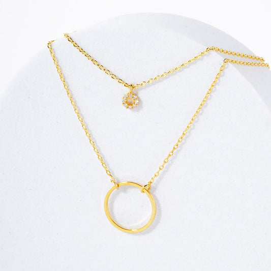 CZ Stone Brushed-Texture Cutout Circle Pendant 18K-Gold-Dipped Layered Necklace