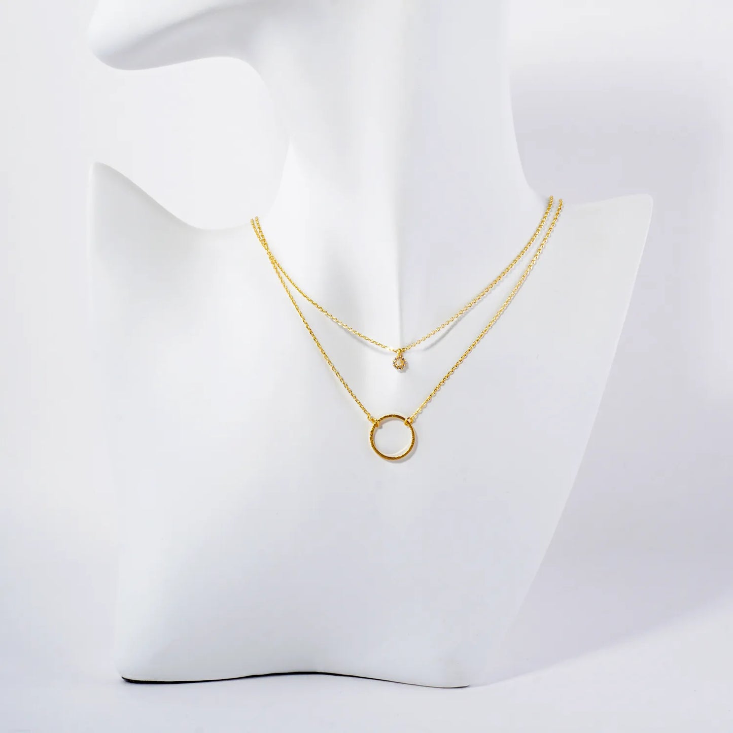 CZ Stone Brushed-Texture Cutout Circle Pendant 18K-Gold-Dipped Layered Necklace