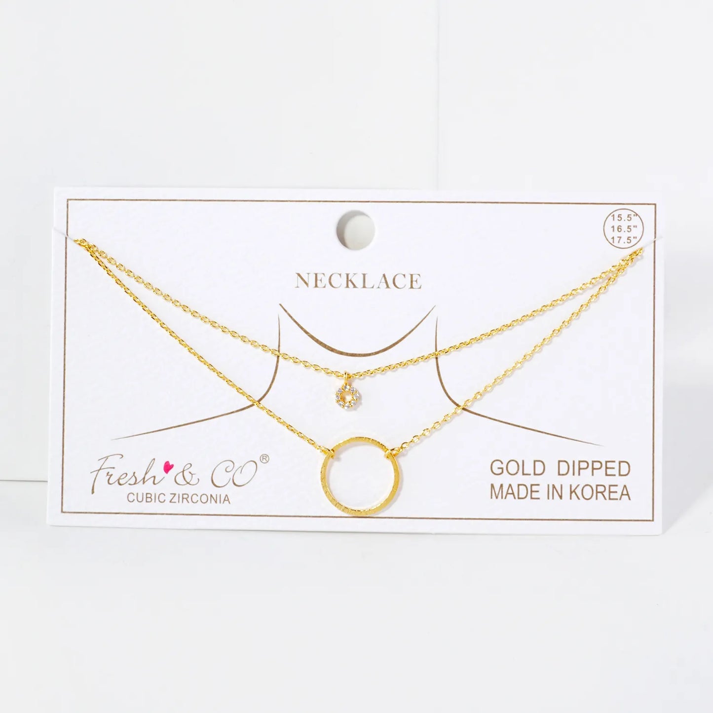 CZ Stone Brushed-Texture Cutout Circle Pendant 18K-Gold-Dipped Layered Necklace