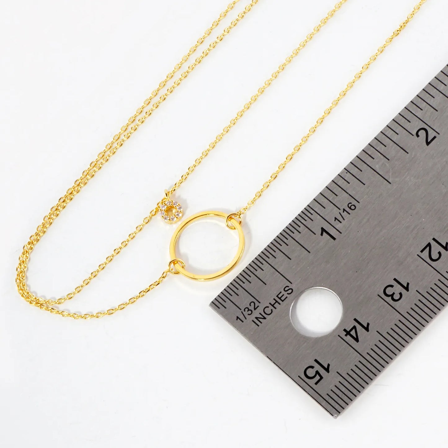 CZ Stone Brushed-Texture Cutout Circle Pendant 18K-Gold-Dipped Layered Necklace