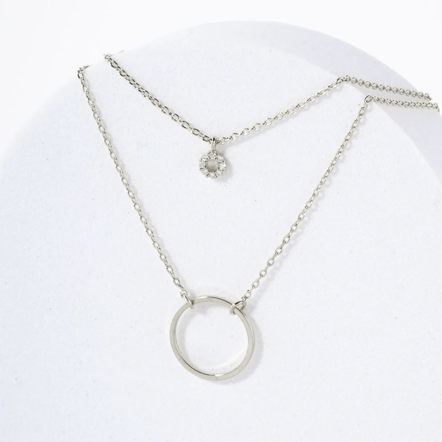 CZ Stone Brushed-Texture Cutout Circle Pendant 18K-Gold-Dipped Layered Necklace