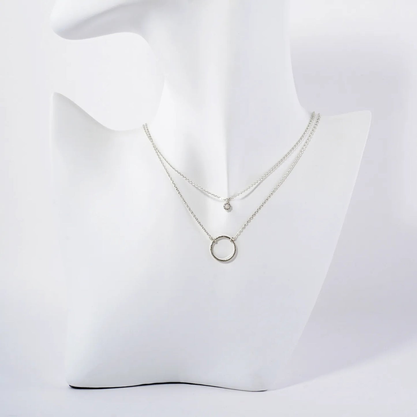 CZ Stone Brushed-Texture Cutout Circle Pendant 18K-Gold-Dipped Layered Necklace