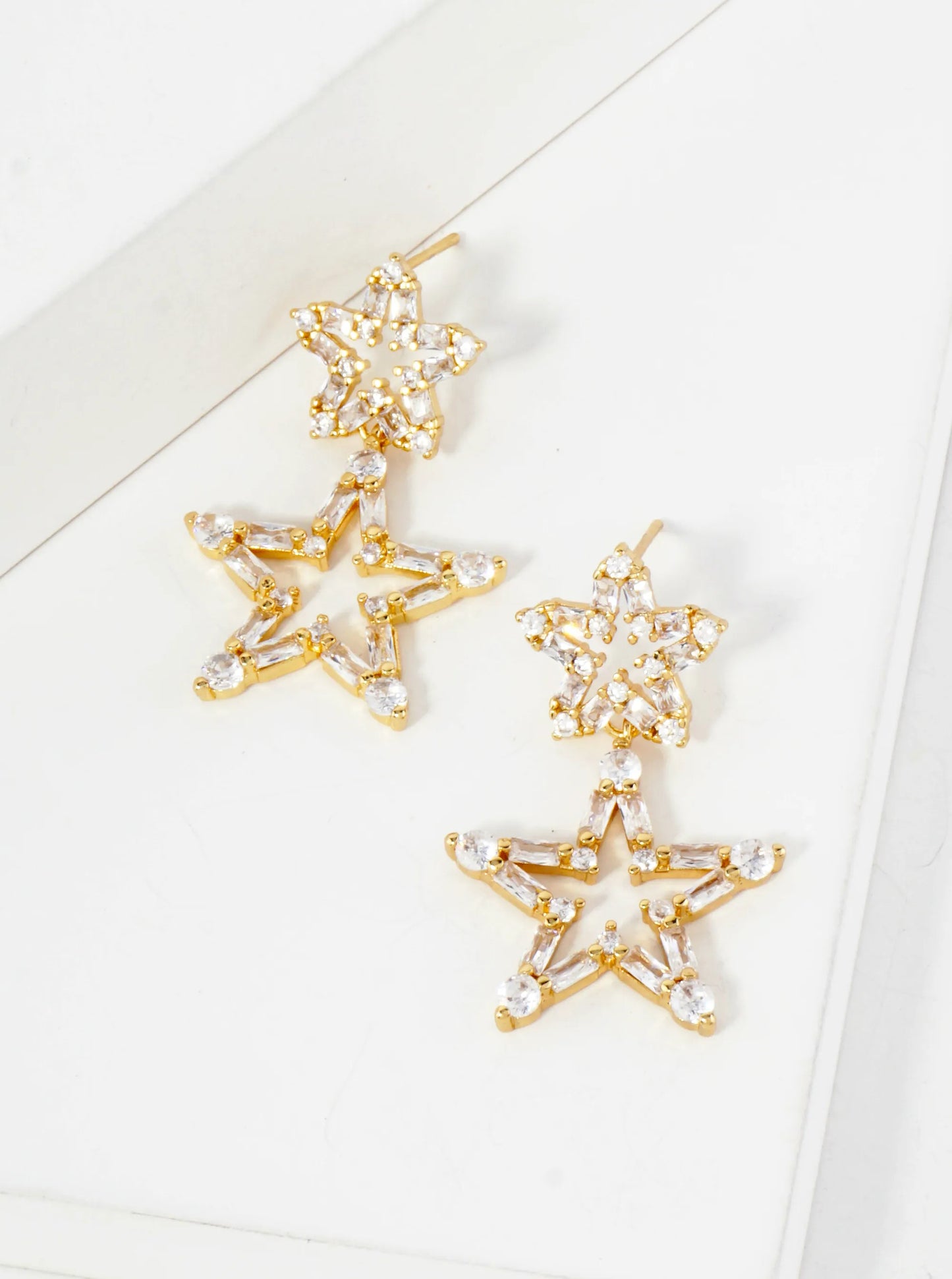 CZ-Studded Dangling Stars 18K-Gold-Dipped Brass Earrings