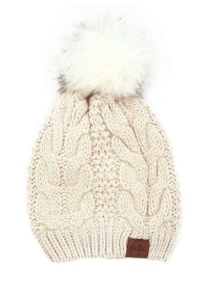 Cable-Knit Fleece Beanie With Faux Fur Pom Pom
