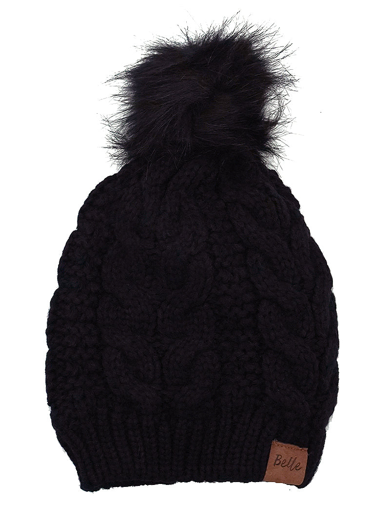 Cable-Knit Fleece Beanie With Faux Fur Pom Pom