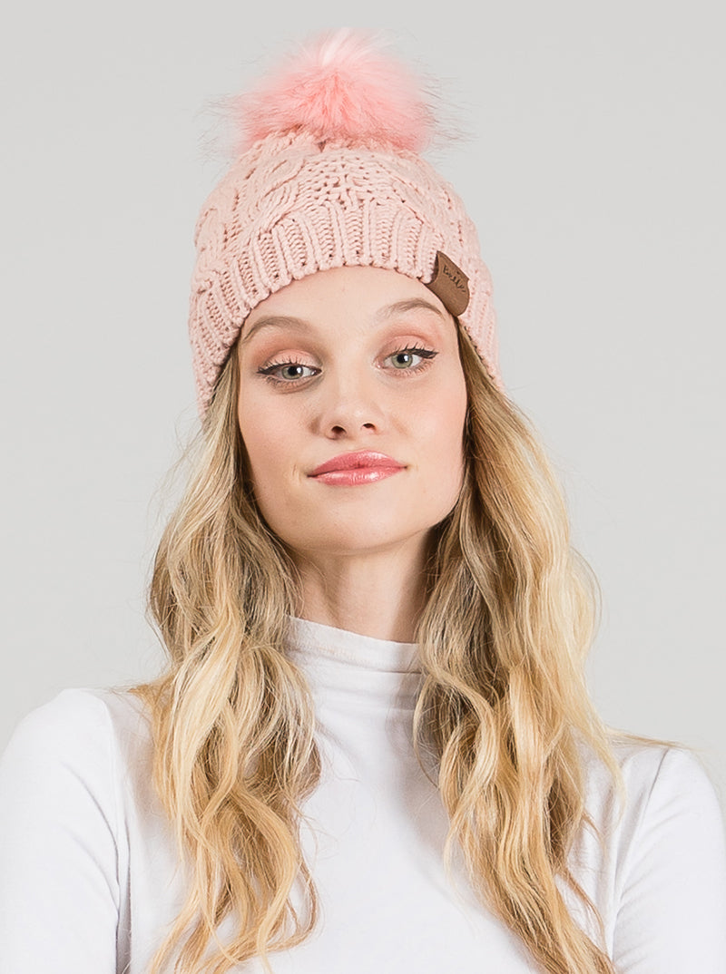 Cable-Knit Fleece Beanie With Faux Fur Pom Pom