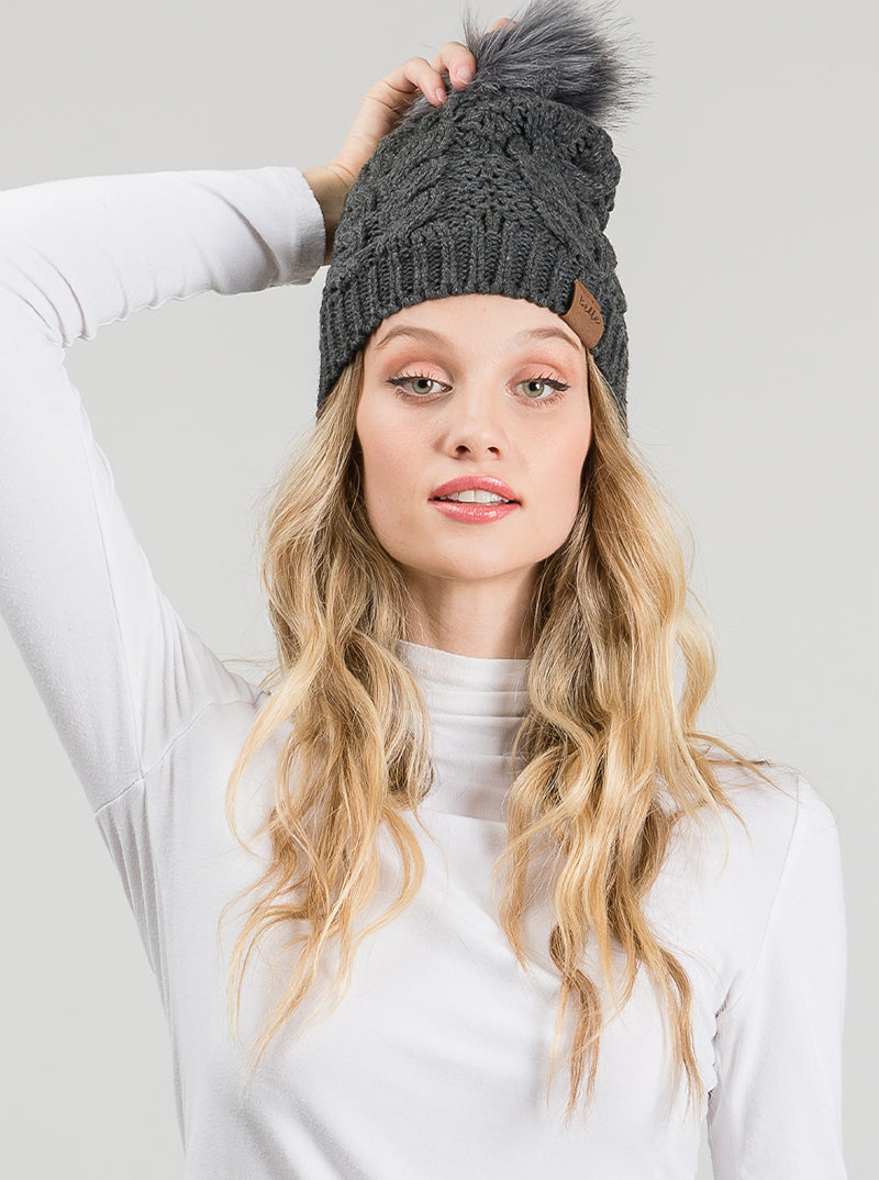 Cable-Knit Fleece Beanie With Faux Fur Pom Pom