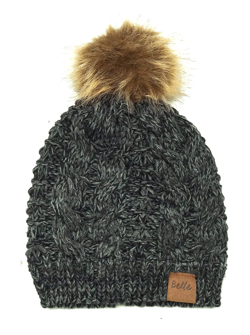 Cable-Knit Fleece Beanie With Faux Fur Pom Pom