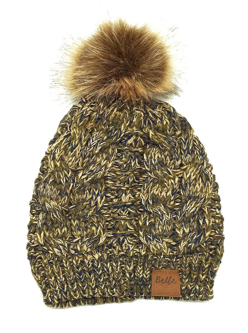 Cable-Knit Fleece Beanie With Faux Fur Pom Pom