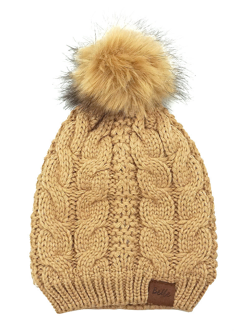Cable-Knit Fleece Beanie With Faux Fur Pom Pom