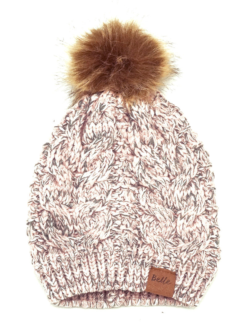 Cable-Knit Fleece Beanie With Faux Fur Pom Pom