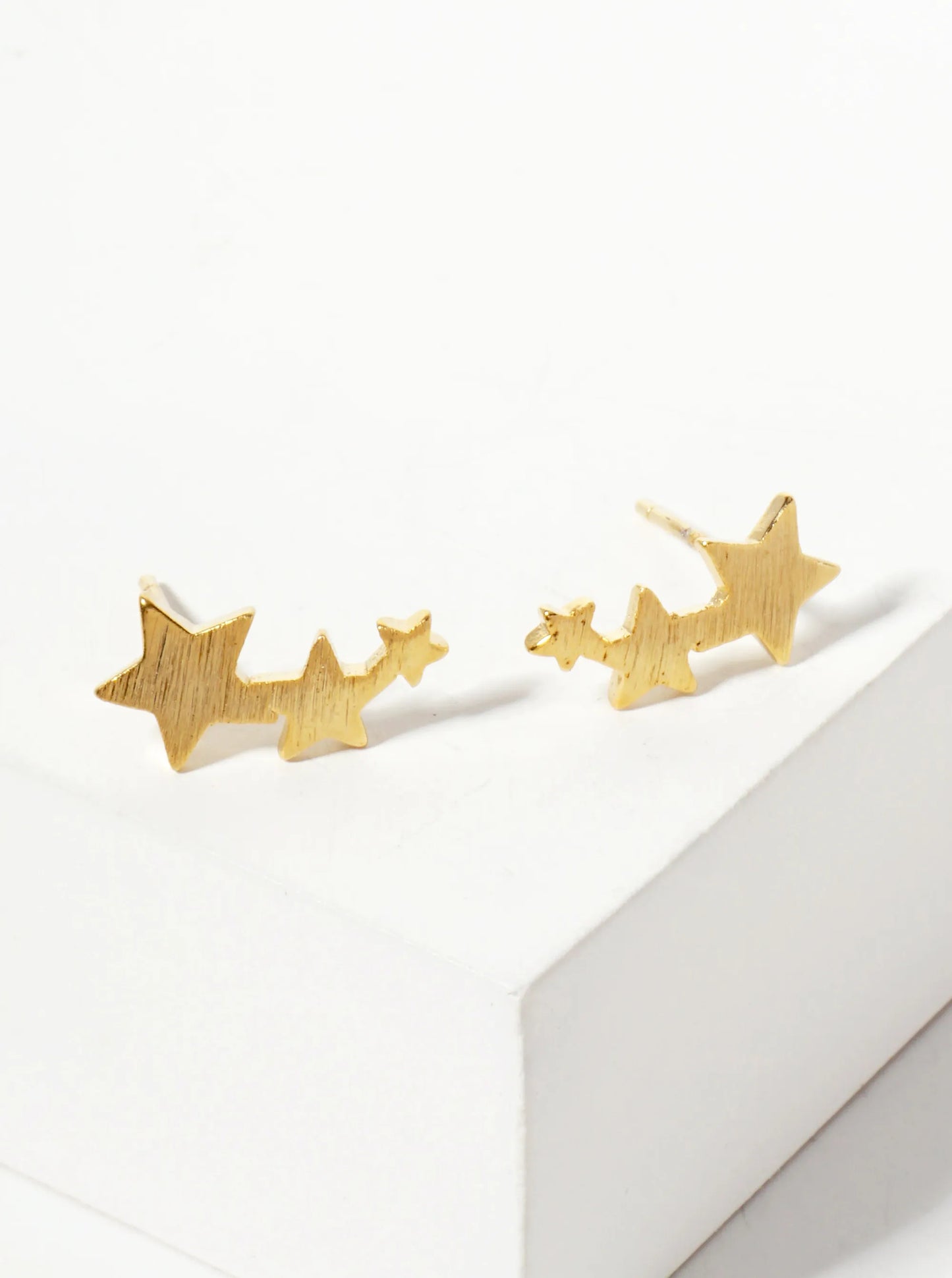Celestial-Theme 18K-Gold-Dipped Brushed-Texture Brass Three Stars Stud Earrings