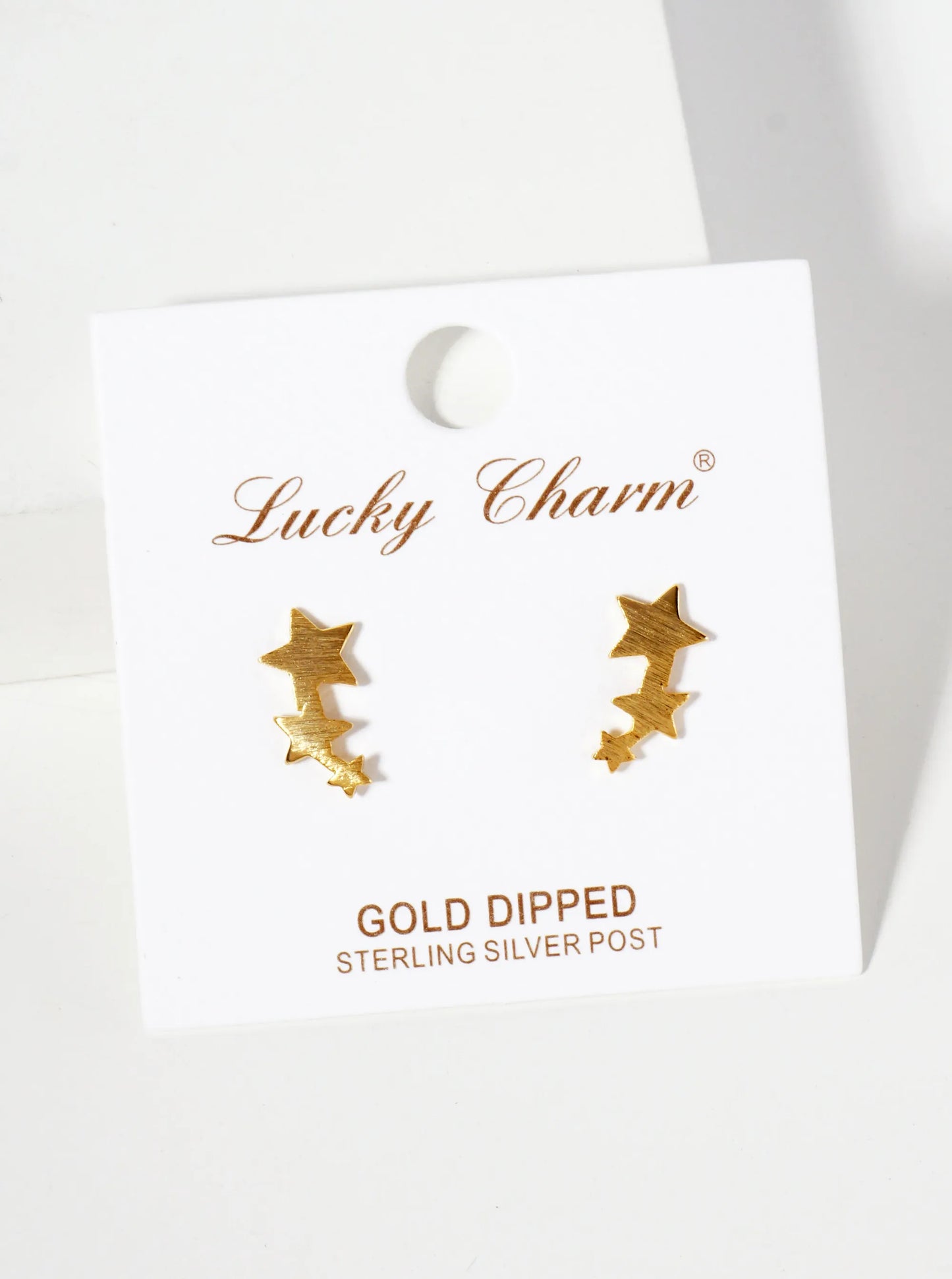 Celestial-Theme 18K-Gold-Dipped Brushed-Texture Brass Three Stars Stud Earrings