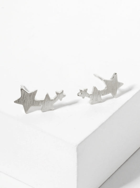 Celestial-Theme 18K-Gold-Dipped Brushed-Texture Brass Three Stars Stud Earrings