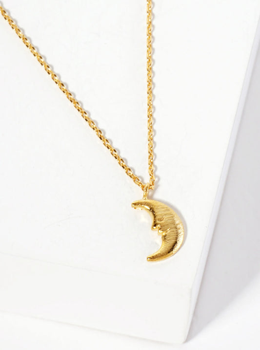 Celestial-Theme 18K-Gold-Dipped Brushed-Texture Crescent-Moon Pendant Necklace