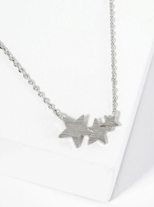 Celestial-Theme 18K-Gold-Dipped Brushed-Texture Graduated Three Stars Pendant Necklace