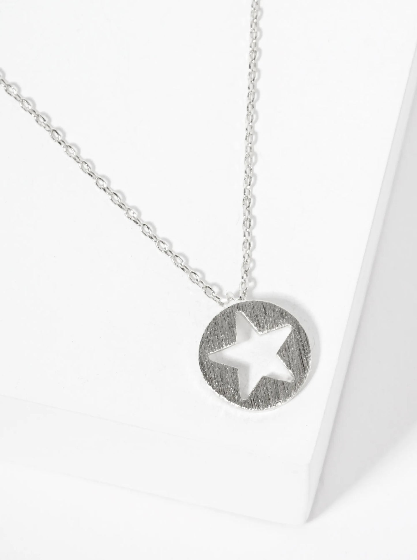 Celestial-Theme 18K-Gold-Dipped Brushed-Texture Star Cutout Round Pendant Necklace