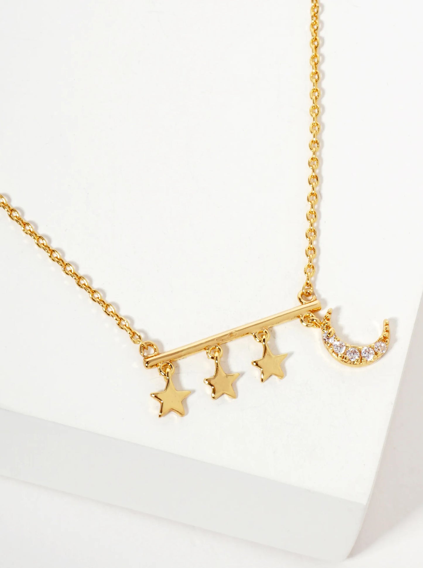 Celestial-Theme 18K-Gold-Dipped CZ Delicate Moon And Star Design Pendant Necklace