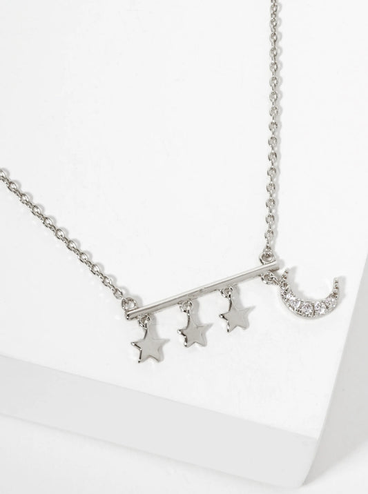 Celestial-Theme 18K-Gold-Dipped CZ Delicate Moon And Star Design Pendant Necklace