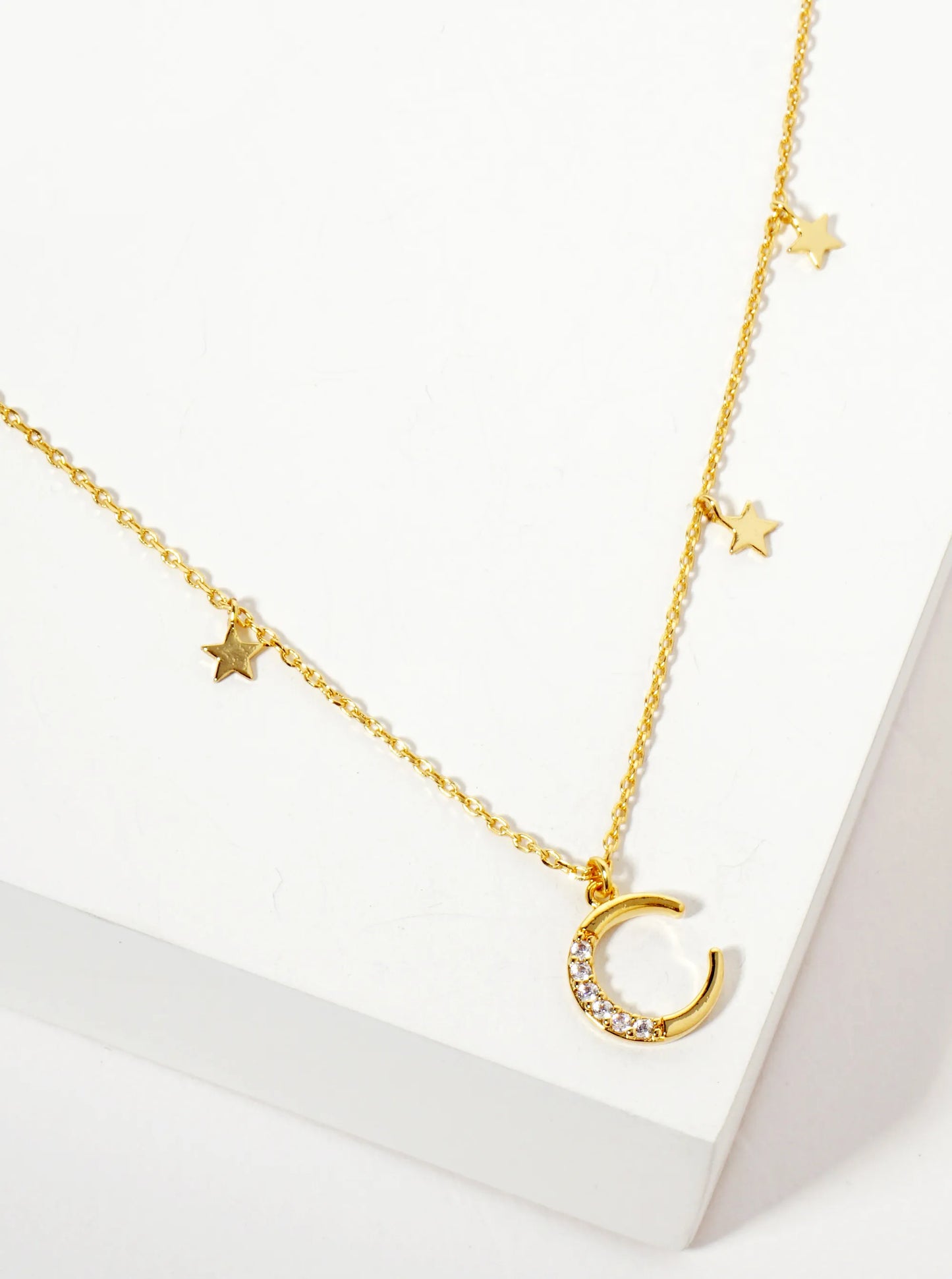 Celestial-Theme 18K-Gold-Dipped CZ Pave Moon Pendant Necklace With Star Charms