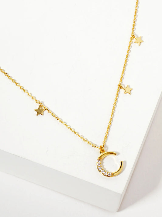 Celestial-Theme 18K-Gold-Dipped CZ Pave Moon Pendant Necklace With Star Charms