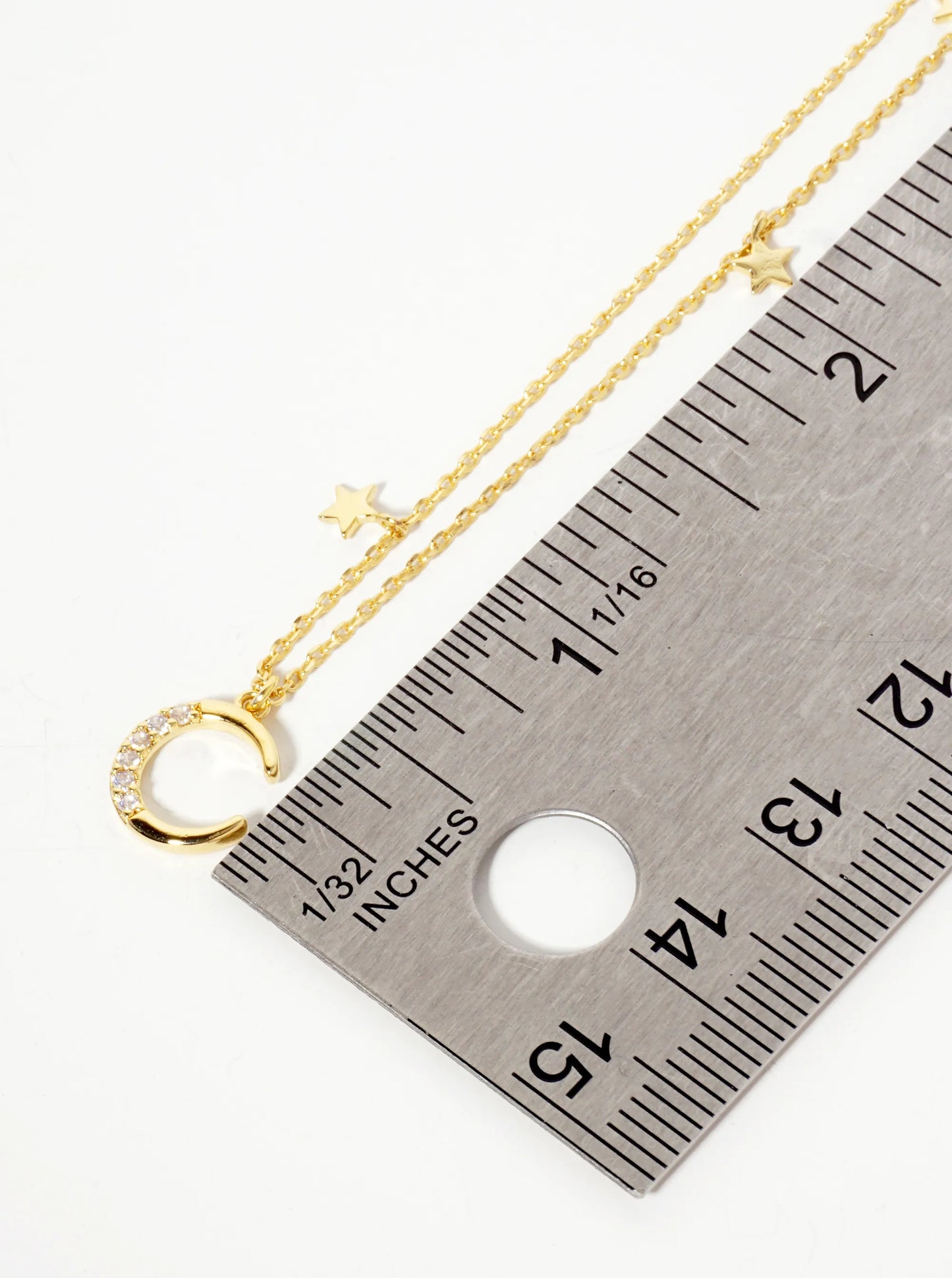 Celestial-Theme 18K-Gold-Dipped CZ Pave Moon Pendant Necklace With Star Charms