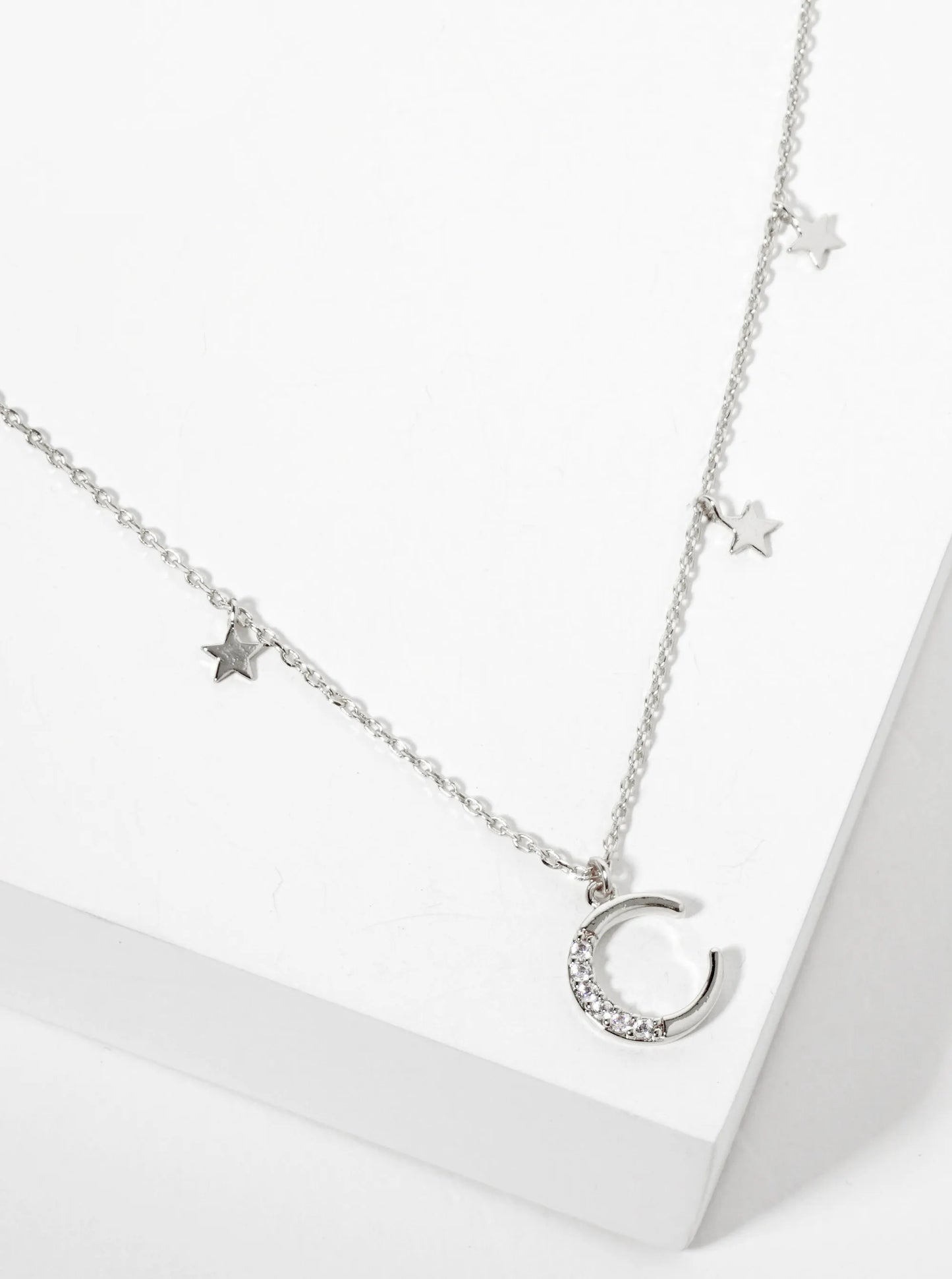 Celestial-Theme 18K-Gold-Dipped CZ Pave Moon Pendant Necklace With Star Charms