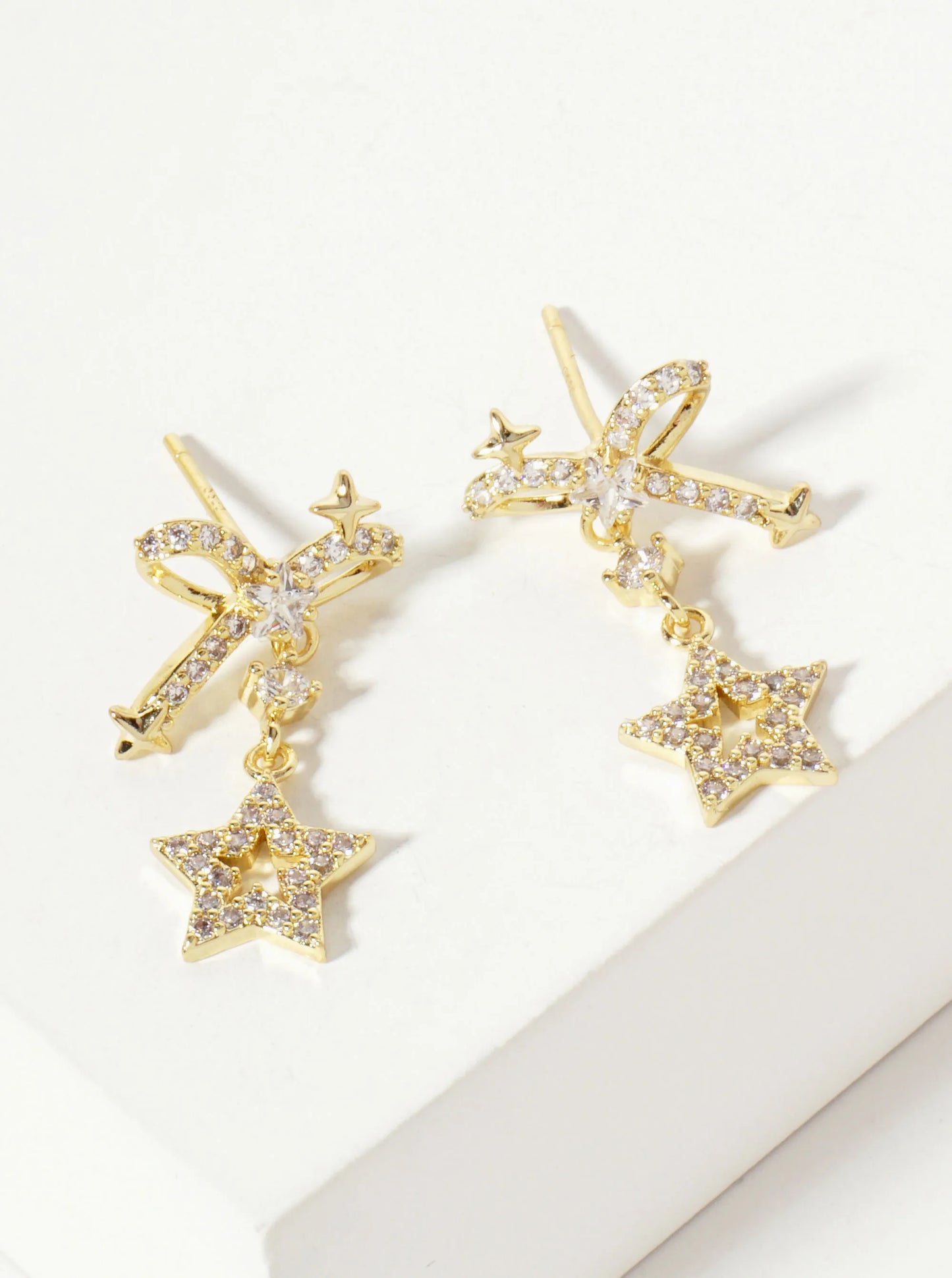 Celestial-Theme 18K-Gold-Dipped Pave-Set CZ Cutout Star Drop Bow Post Earrings
