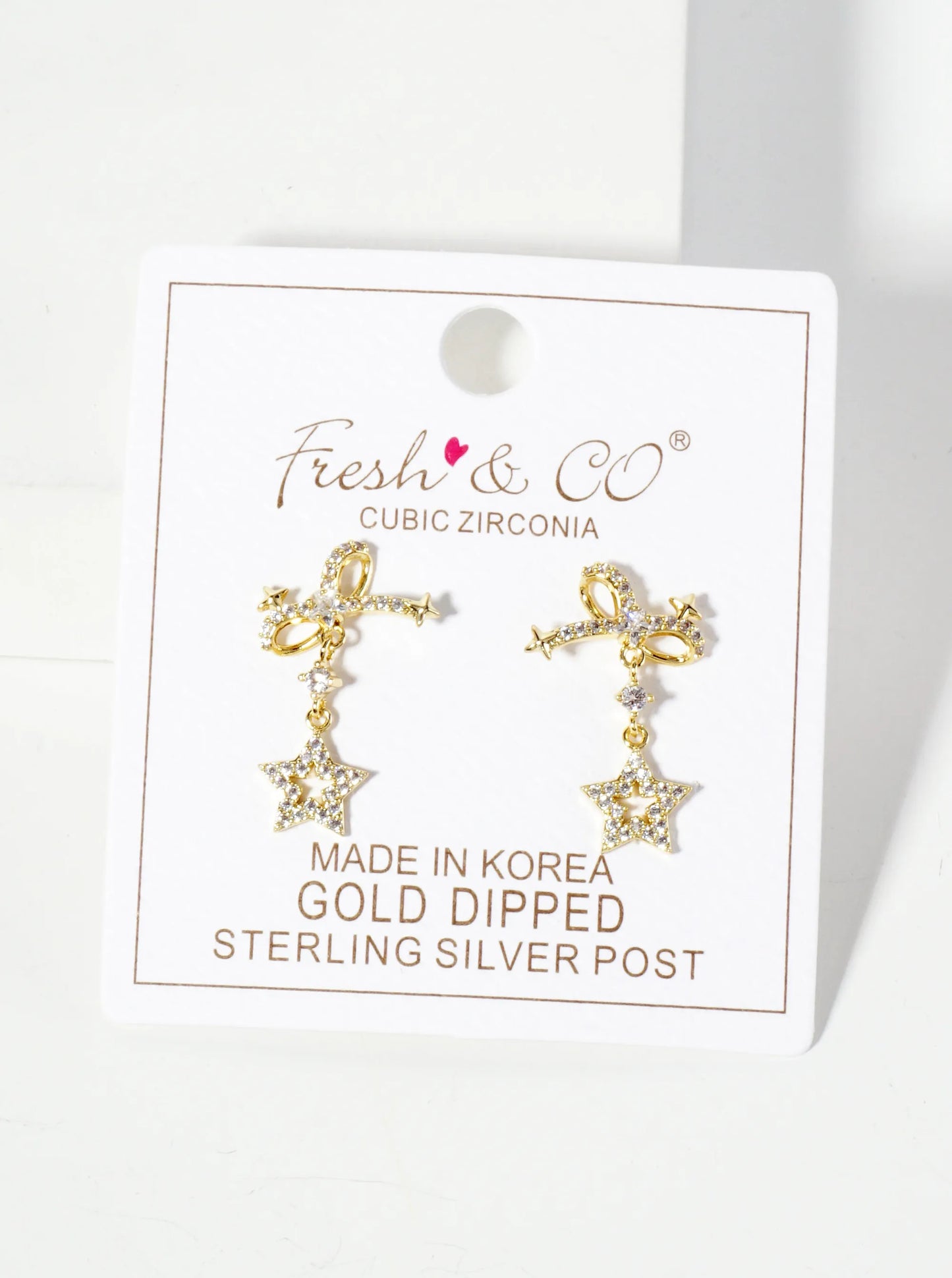 Celestial-Theme 18K-Gold-Dipped Pave-Set CZ Cutout Star Drop Bow Post Earrings