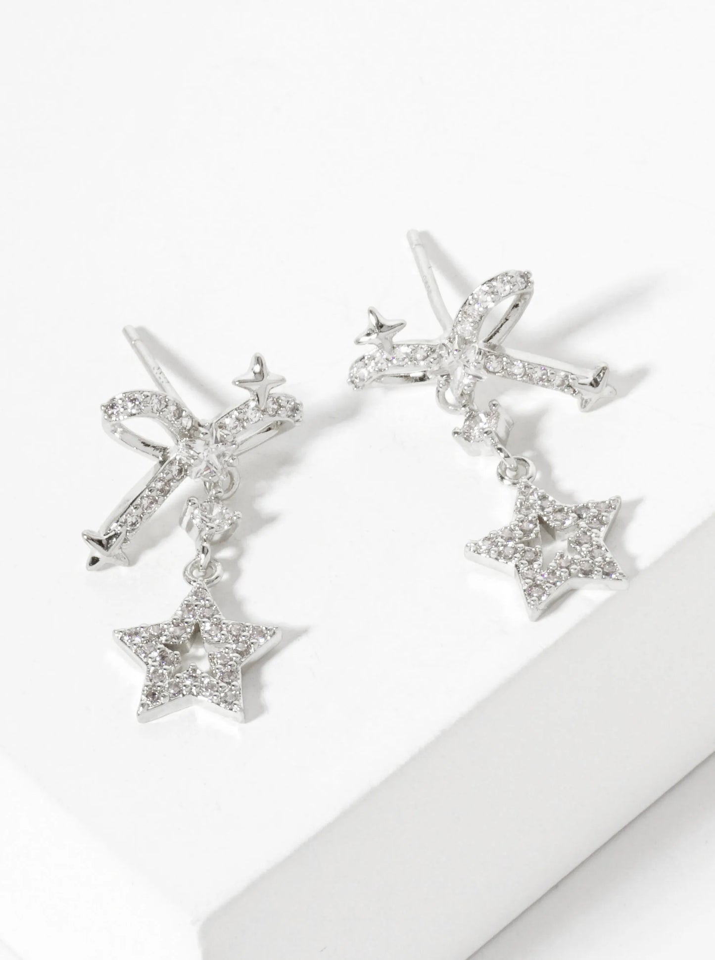 Celestial-Theme 18K-Gold-Dipped Pave-Set CZ Cutout Star Drop Bow Post Earrings