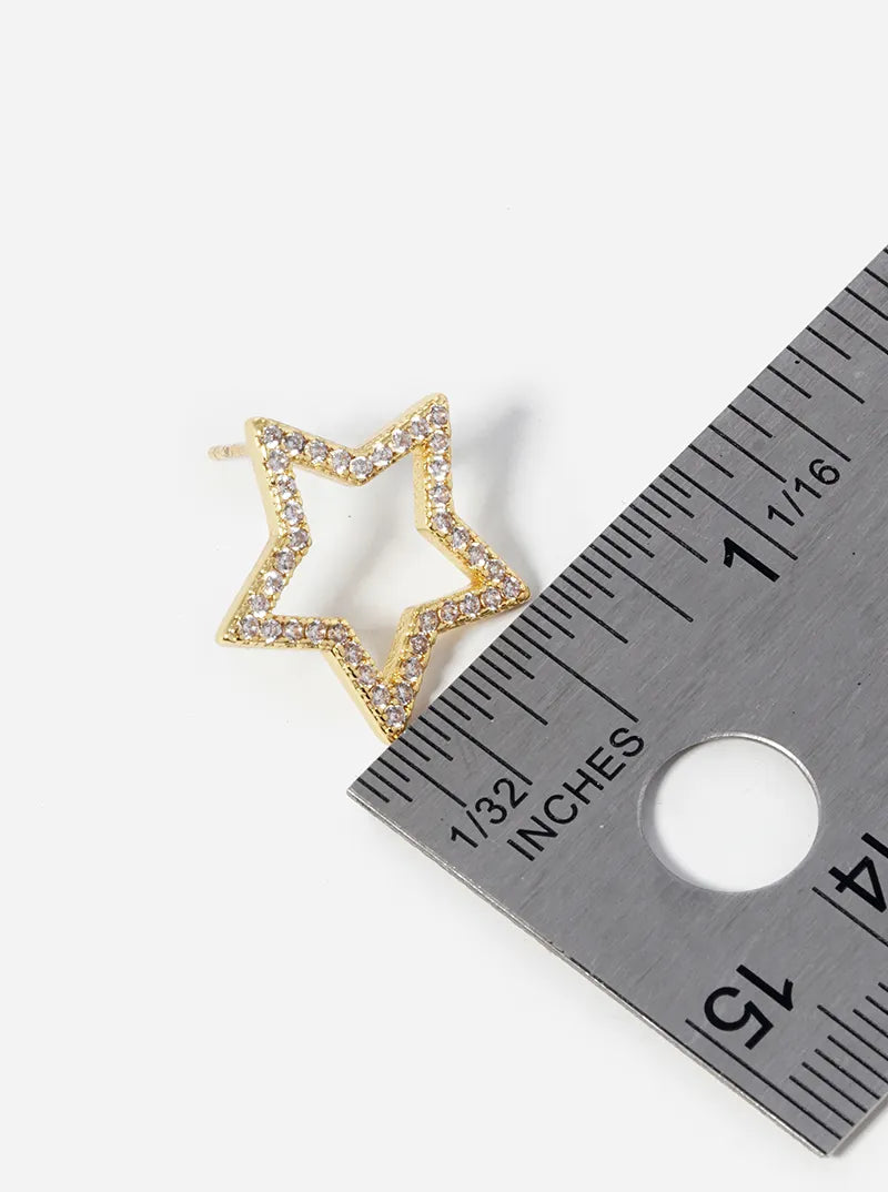 Celestial-Theme 18K-Gold-Dipped Pave-Set Cubic-Zirconia Cutout Star Stud Earrings