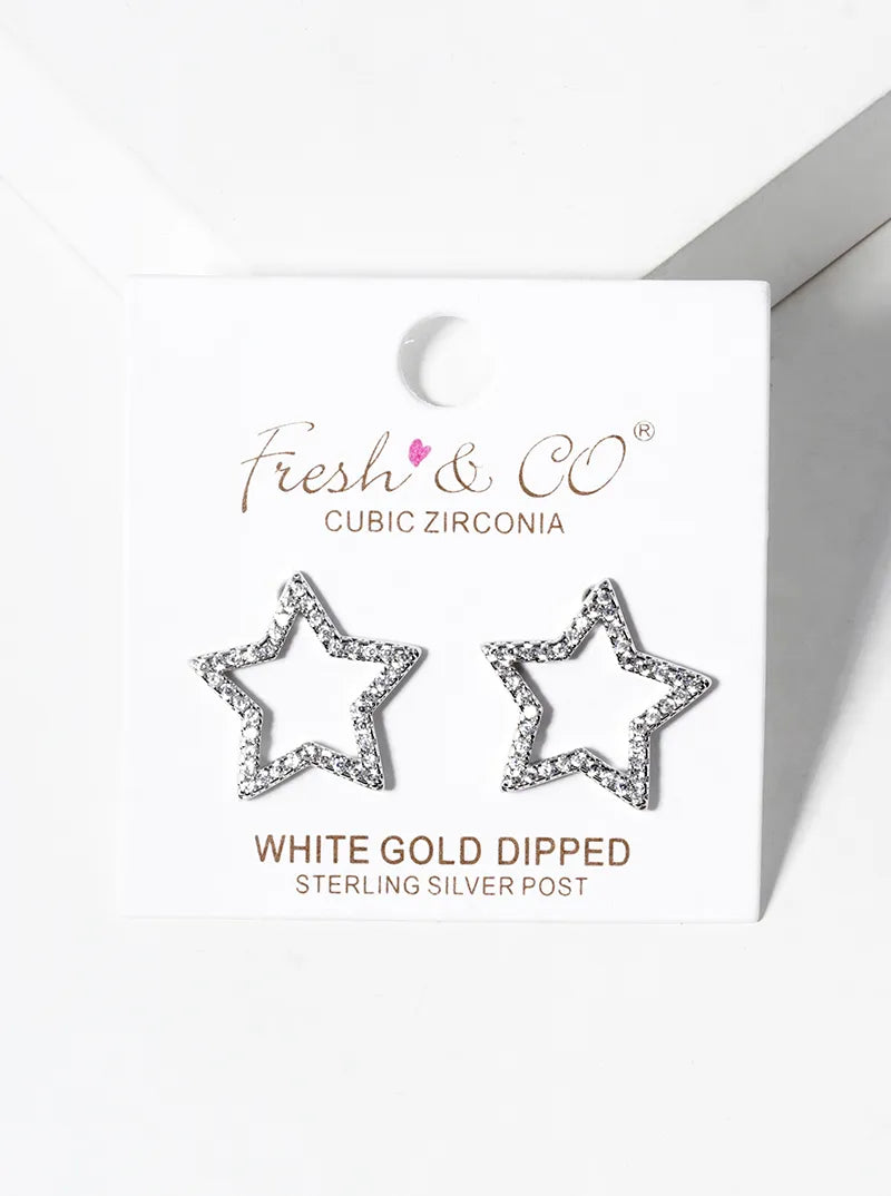Celestial-Theme 18K-Gold-Dipped Pave-Set Cubic-Zirconia Cutout Star Stud Earrings